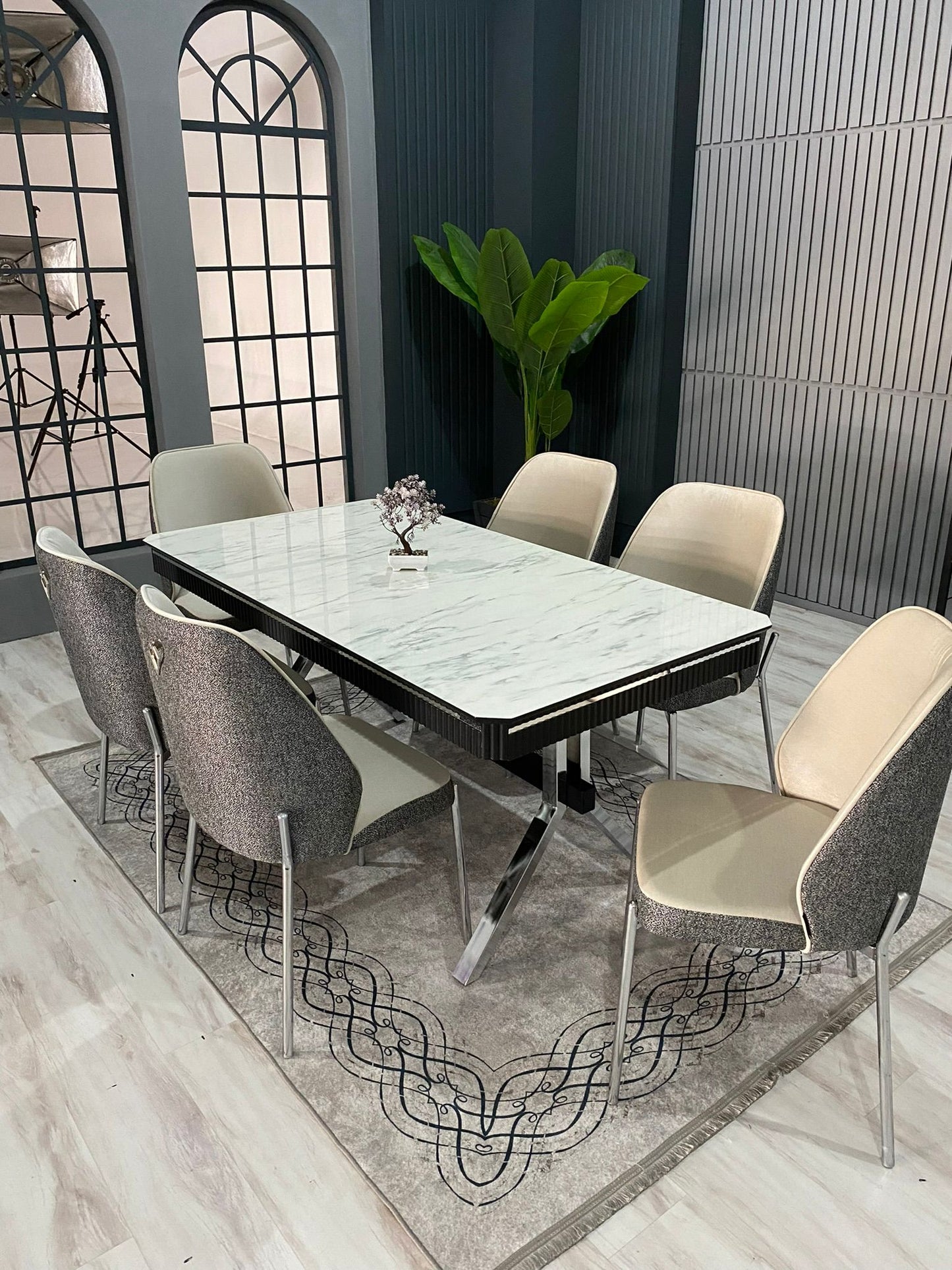 Silver dining table with 6 chairs