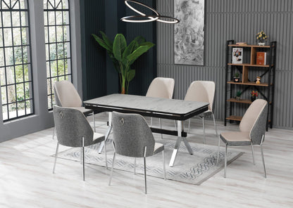 Silver dining table with 6 chairs