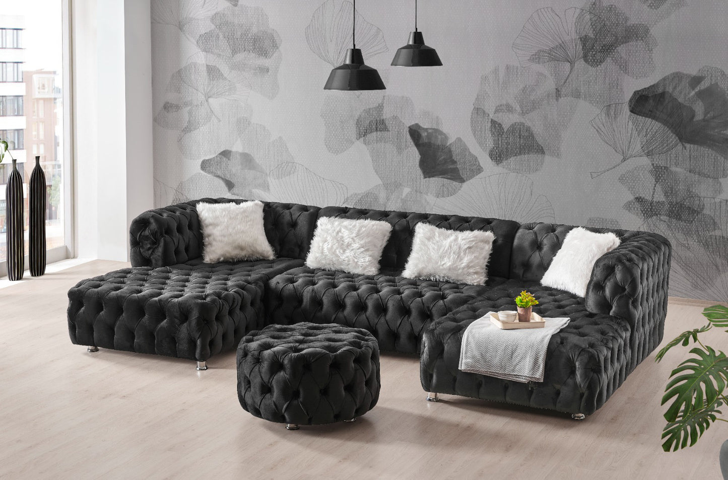 Valentino Chesterfield U Shape Black Sofa