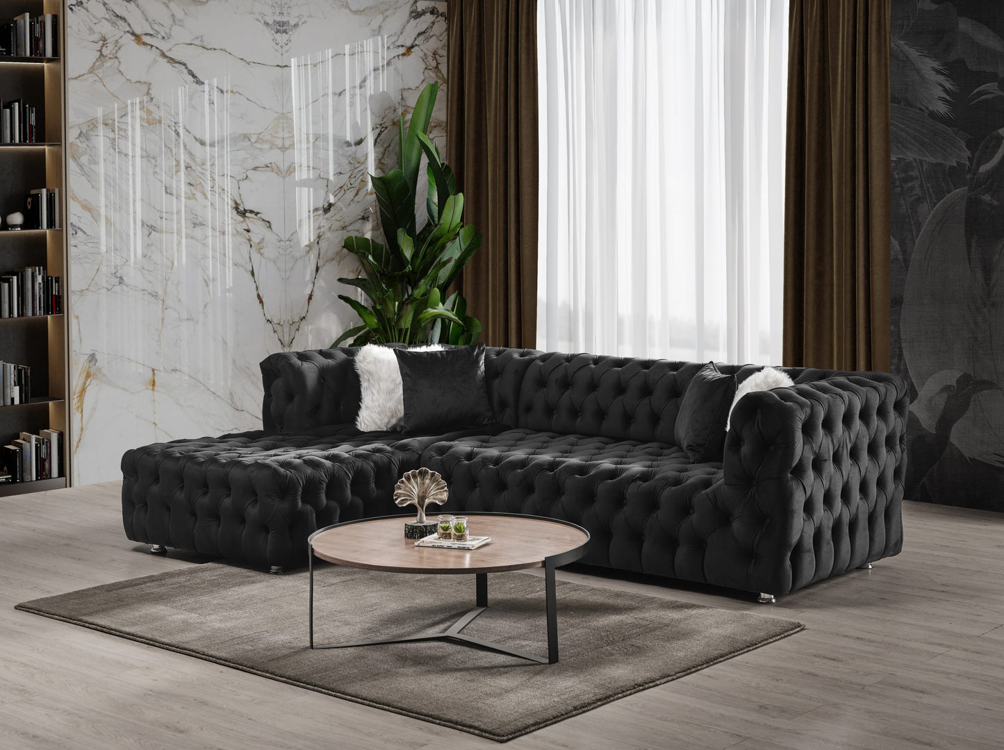 Valentino L Shaped Chesterfield Black Sofa