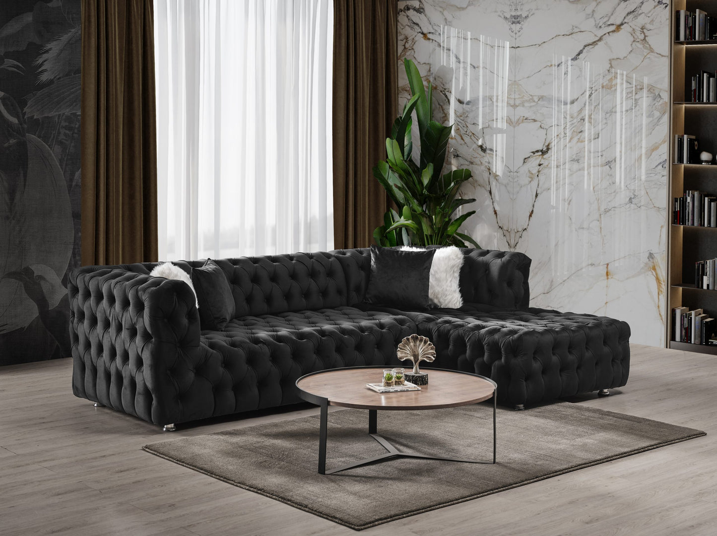 Valentino L Shaped Chesterfield Black Sofa