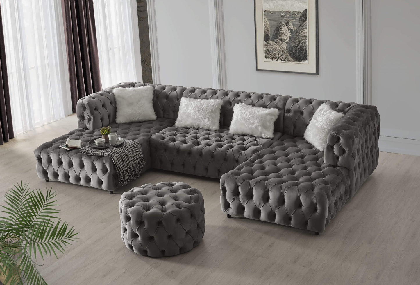 Valentino U Shaped Chesterfield Grey Sofa